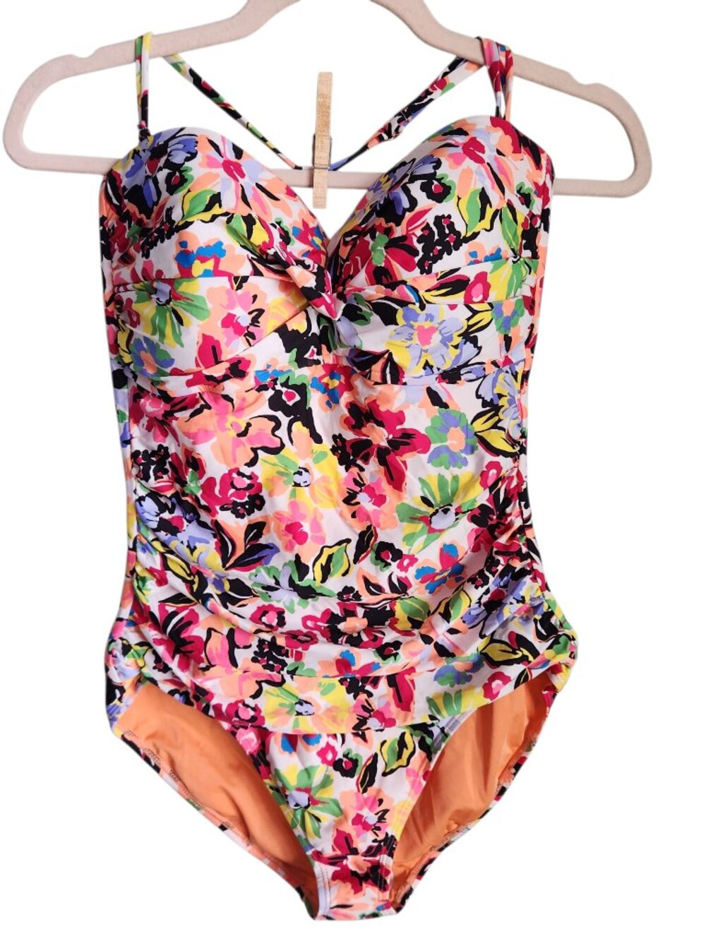Anne Cole Swimsuit 12 Floral Multi Halter Twist Front Shirred Bandeau One Piece